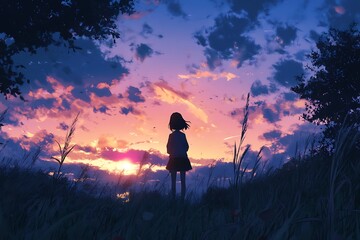 Canvas Print - Silhouette of Girl Watching Sunset in Field, Anime Style Illustration