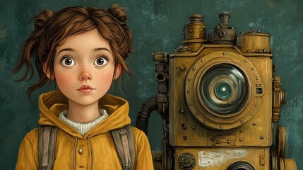 Beautiful girl in hoodie with brown hair and big eyes stands near magical time machine looking at camera.