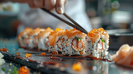 man hands picking up sushi with chopsticks, Sushi Platter: Vibrant and Fresh. Restaurant sushi platter. Cinematic 4K Sushi Platter. Japanese food style concept