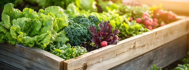 Wall Mural - A raised garden bed filled with vibrant green and red leafy vegetables, illuminated by the warm glow of sunlight