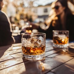 a couple of people sitting at a table with glasses of alcohol