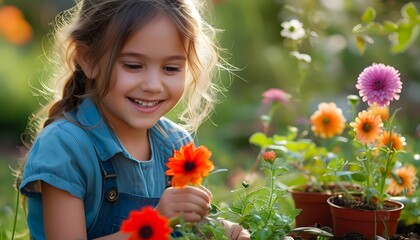 Joyful girl nurturing blooms in a vibrant garden