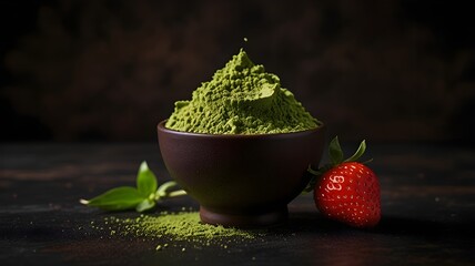 a bowl of matcha powder with strawberry, dark background, space for copy