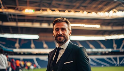 Wall Mural - Director of a football club proudly standing in an impressive stadium filled with anticipation and excitement