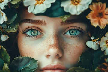 Close up portrait of a young woman with green eyes framed by white and orange flowers