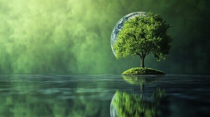 Sticker - A Tree Growing on a Small Island in a Calm Lake with an Earth-Like Sphere in the Background