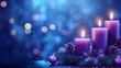 © Mikhail Vorobev - Festive christmas scene featuring four purple candles, garland, shimmering lights, and bokeh effect