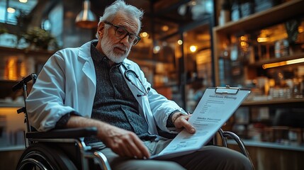 a Young doctor guiding a senior male patient in a wheelchair to sign an insurance policy at home, highlighting care and professionalism.