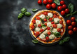 © Neon_Drop - A pizza with mozzarella, cherry tomatoes and basil on top on a background.