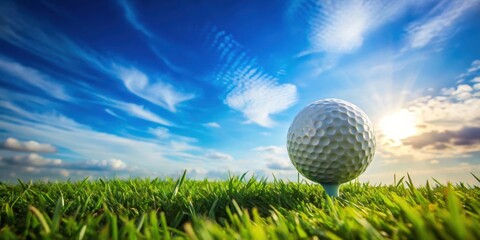 Golf ball on green grass against a blue sky