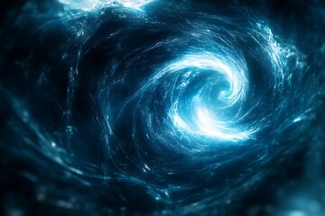 Wall Mural - Abstract swirling blue energy vortex with bright white light in the center. 3D digital art, futuristic energy concept.