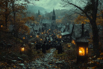 Poster - puritans in colonial america observing all hallows' eve with somber prayers and tales of the dead. c