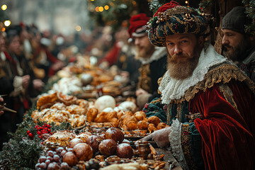 Poster - An Elizabethan Christmas with noblemen engaging in the Lord of Misrule festivities, reversing social roles for a day. Concept of Christmas in Elizabethan England.