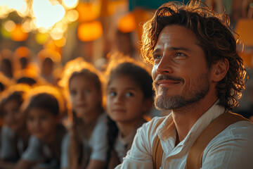 Poster - a teacher watching students excel, feeling the reward of their dedication. concept of educational su