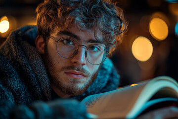 Poster - a student staying up late, studying for exams with a focused expression. concept of hard work and co