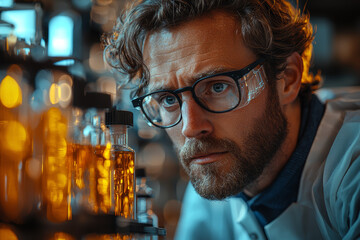 Poster - a researcher analyzing results after years of study, feeling the satisfaction of discovery. concept 