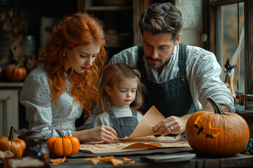 Canvas Print - A 1940s American family preparing for Halloween by making paper decorations and sewing costumes. Concept of Halloween in the 1940s.