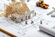 © Mikhail Vorobev - Blueprints of a construction project featuring miniatures, tools, and architectural design elements