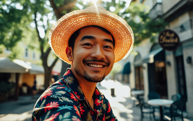 Young Asian man in a bright Hawaiian shirt and straw hat on the street of a European city. Tourism.