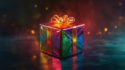 Wall Mural - A Glittery Gift Box with a Gold Bow on a Dark Background