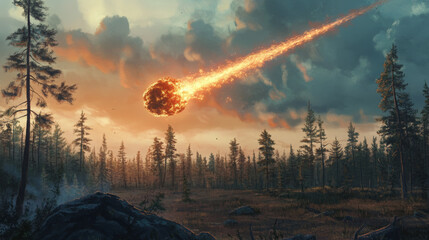 Tunguska event. Meteor air burst over siberian forest. 