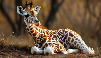 Wall Mural - adorable baby giraffe resting peacefully on the ground