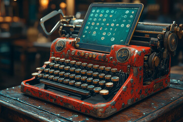 Poster - A typewriter with a tablet resting on top, merging old-school writing with digital convenience. Concept of evolving communication and nostalgia.