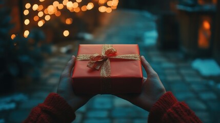 Sticker - A Person Holding a Red Gift Box with a Gold Bow