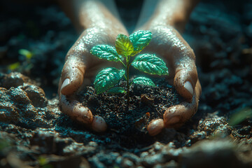 Aufkleber - A person planting a tree with a bright future in mind, symbolizing hope for a greener tomorrow. Concept of environmental optimism and proactive action.