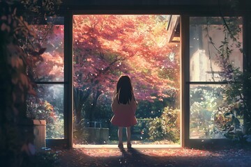 Canvas Print - Anime girl looking out window at colorful autumn tree