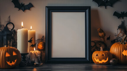 Wall Mural - A black frame sits on a table with pumpkins, bats, and candles. It's a blank space perfect for adding your own spooky Halloween design.