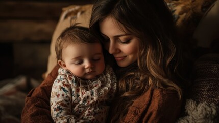 Canvas Print - Woman Holding a Sleeping Toddler in a Cozy Setting