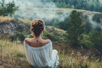 Wall Mural - Woman in white dress sits on hillside looking at mountain landscape. Concept of peace, tranquility, and nature.