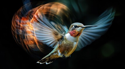 Canvas Print - A Hummingbird in Flight with a Swirling Orange and Blue Background