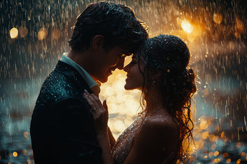 Poster - A couple dancing in the rain without an umbrella, reveling in the joy of the unexpected. Concept of embracing life's surprises with positivity.