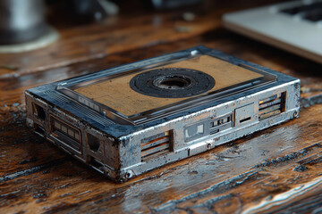 Poster - A cassette tape with a playlist on a smartphone screen, representing the shift in how we listen to music. Concept of musical nostalgia in the digital age.