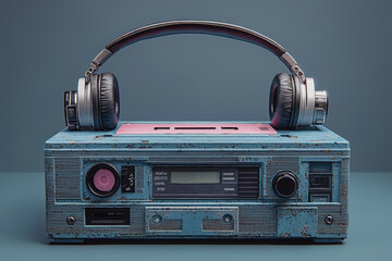 Sticker - A 1980s cassette player with wireless headphones, showing how old and new audio tech can coexist. Concept of retro sound with modern convenience.