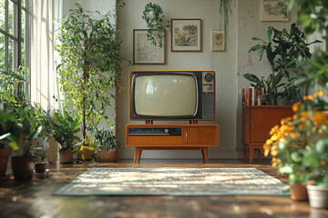 Poster - a 1960s television set with a modern flat-screen display inside, blending old design with new techno