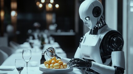 Canvas Print - A White Robot Sitting at a Table with a Plate of Yellow Fruit and a Glass of Wine