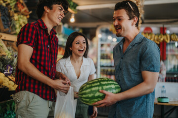 A group of cheerful friends buying fresh fruits, including a watermelon, from a local greengrocer. Captures the joy of shopping and healthy living.