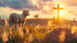 © Desinage - Concept of Jesus Christ's Resurrection: God Lamb in front of Jesus Christ's cross against a sunrise background