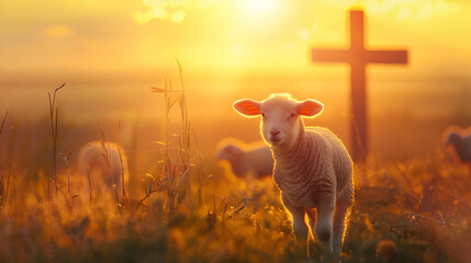 Concept of Jesus Christ's Resurrection: God Lamb in front of Jesus Christ's cross against a sunrise background