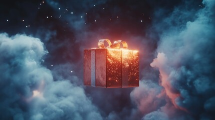 Wall Mural - Glowing Gift Box Floating Amidst Clouds and Stars