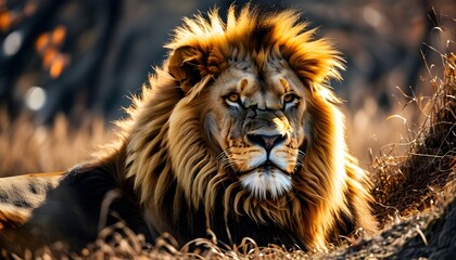 Majestic lion resting with a stunning mane on the ground