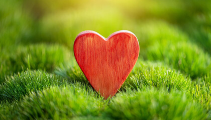 Red wooden heart shape on fresh green grass. Eco-friendly lifestyle and clean environment.