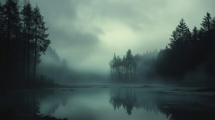 Canvas Print - Silhouetted Trees Reflecting in a Foggy Lake