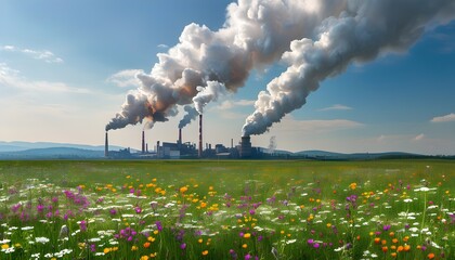 Wall Mural - Contrast of Nature and Industry: Wildflower Field Meets Smoke-Emitting Factory