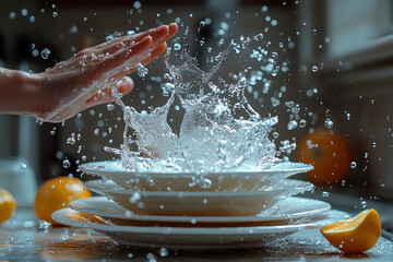 Poster - a person trying to catch a falling stack of dishes, but failing and making a mess. concept of clumsi