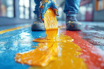 Poster - A person spilling paint while trying to redecorate, creating a messy situation. Concept of DIY disasters and creative setbacks.