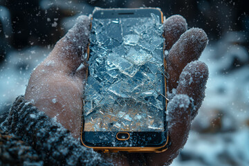 Poster - A person holding a shattered smartphone, looking devastated. Concept of technology failures and mishaps.